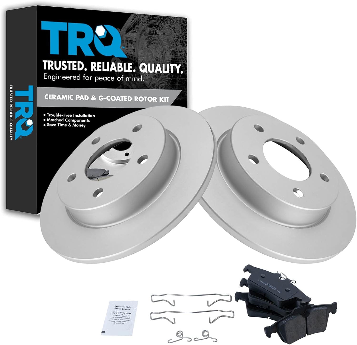 TRQ Rear Brake Pad & Rotor Kit Brake Pads Brake Rotor Ceramic Premium G-Coated Compatible with 2006-2013 Mazda 3