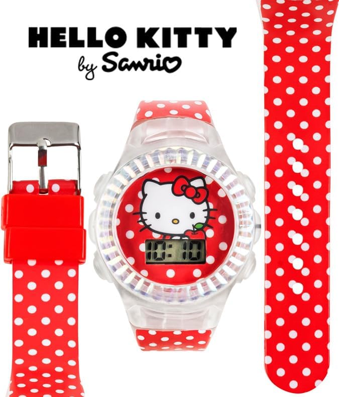 Sanrio Hello Kitty Kids LCD Watch – Red Polka Dot Strap, Iridescent Bezel, Digital Display, Cute Printed Dial, Adjustable Fit, Collectible Tin Box, Perfect for Girls – Fits Wrists 5.5” to 8” - Image 2