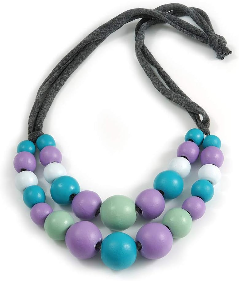 Avalaya レイヤードグラデーションマルチカラーパステルシェード 木製ビーズ グレーファブリックコードネックレス 長さ66cm,