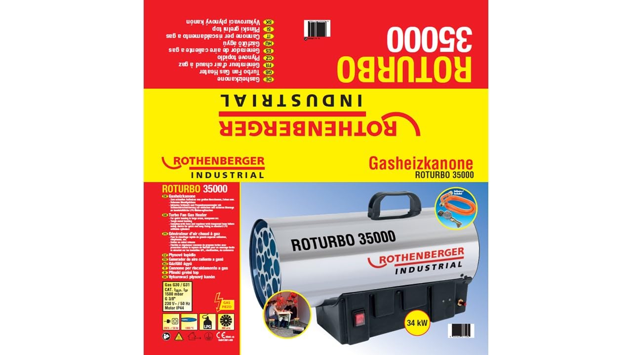 Rothenberger Industrial RoTurbo 35000 Gas-Heizkanone 34,0 kW inkl. Piezo-Zündung, Schlauch & Schlauchbruchsicherung
