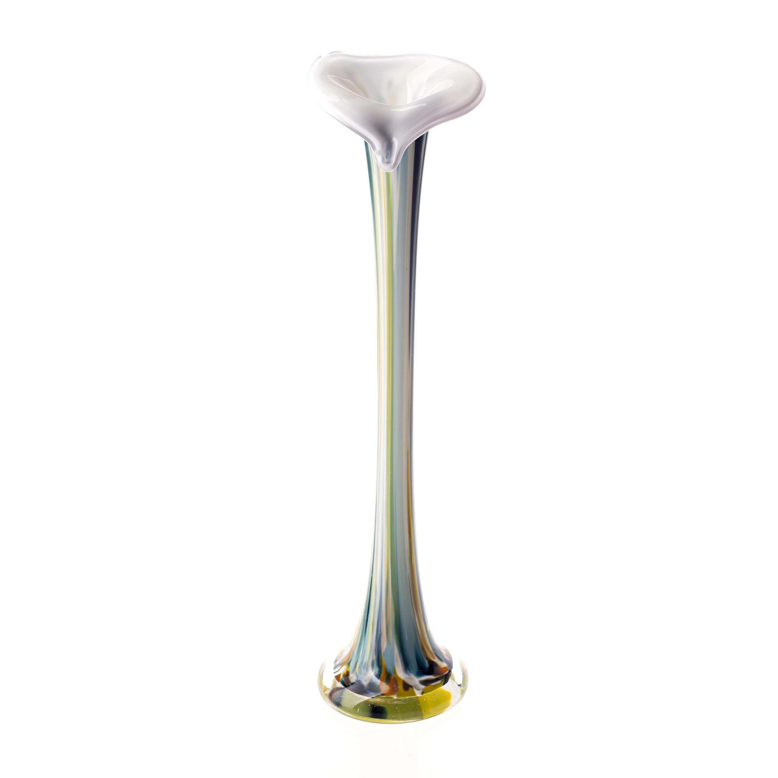Decorative Mouth Blown Glass Pipe Vase, 40 cm Tall, Fluted Top, White, Green Amber Multicoloured