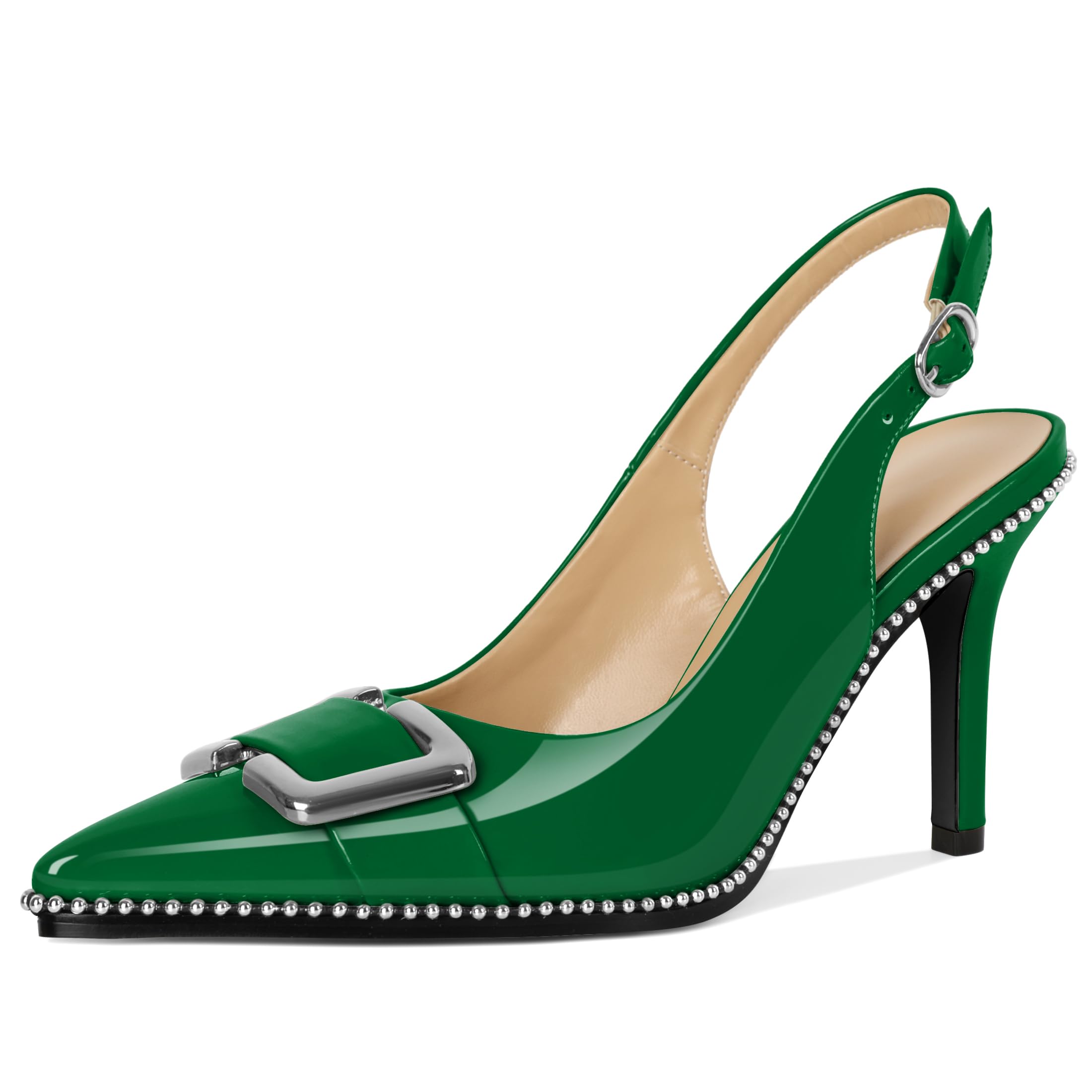SAMMITOP Womens Slingback Stiletto High Heels Closed Pointed Toe Pumps Beaded Metal Buckle Sexy Office Dress Shoes 3.5 Inch