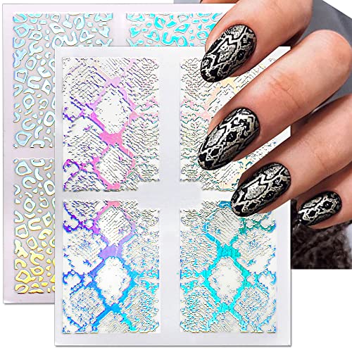 Laser Silver Snake Nail Stickers,Holographic Laser Nail Art Stickers 3D Snake Nail Decals Sun Moon Star Heart Snake Grain Nail Designs Self Adhesive Stickers For Nails Women Nail Supplies,6 Sheets/Set #TOP2