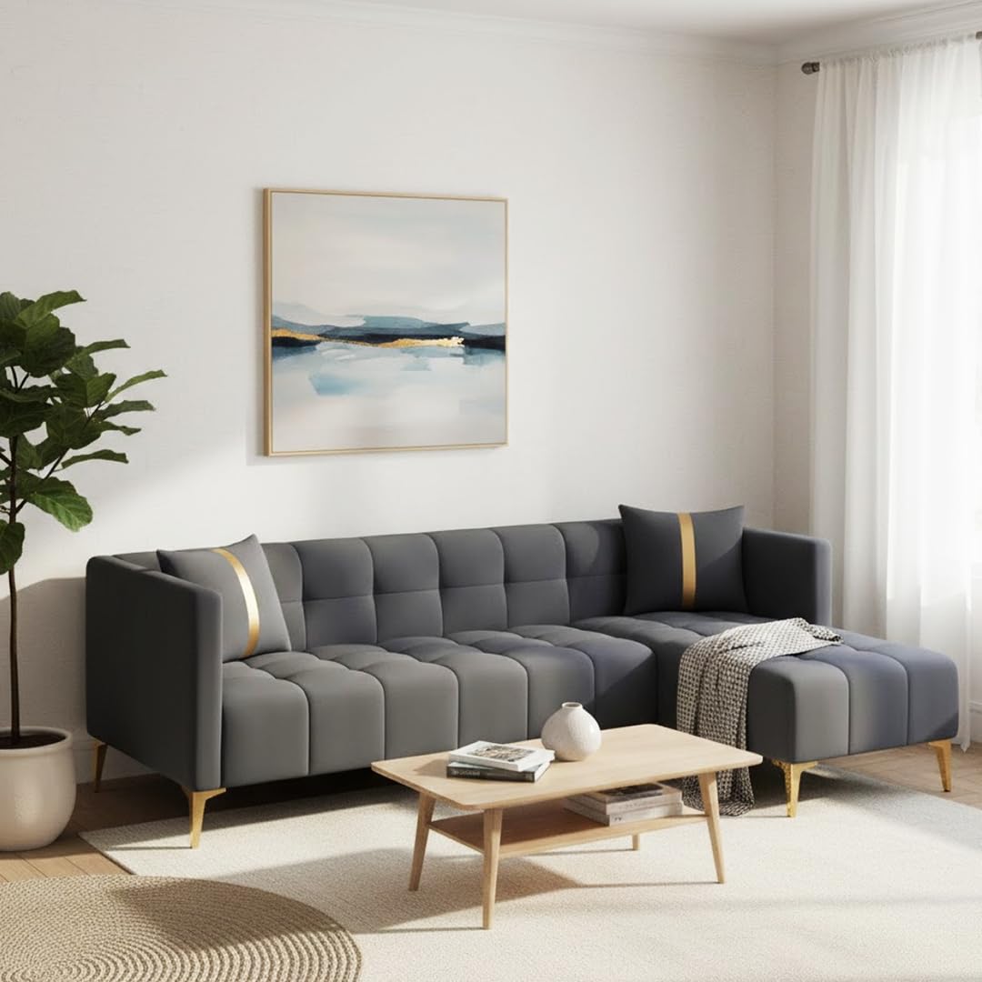 FURNY Styleving 4 Seater Fabric RHS L Shape Sofa Set (Dark Grey) with Golden Finish Legs | Durable & Comfortable | Ideal for Living Room-image-26