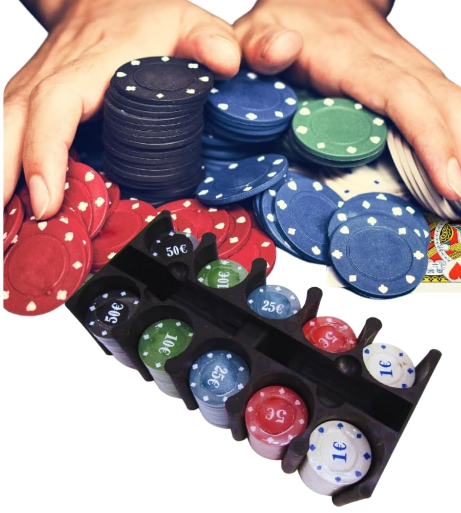 200 Fiches da Poker Numerate Soldi Euro Box da Gioco Texas Holdem con Confezione Porta Fiches Fair