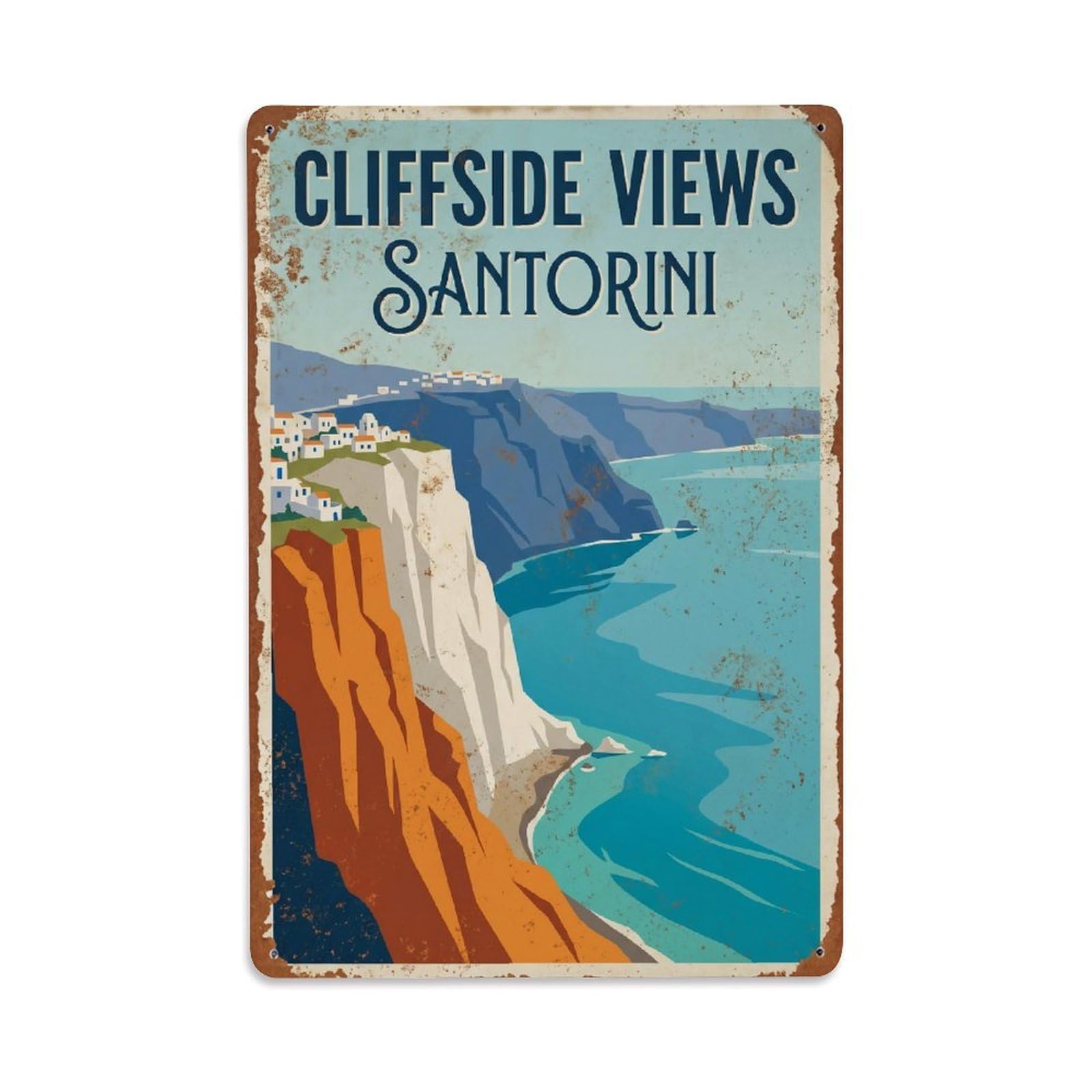 Gead 8X12inch Style Vintage Travel Santorini Cliffside Views Metal Tin Sign