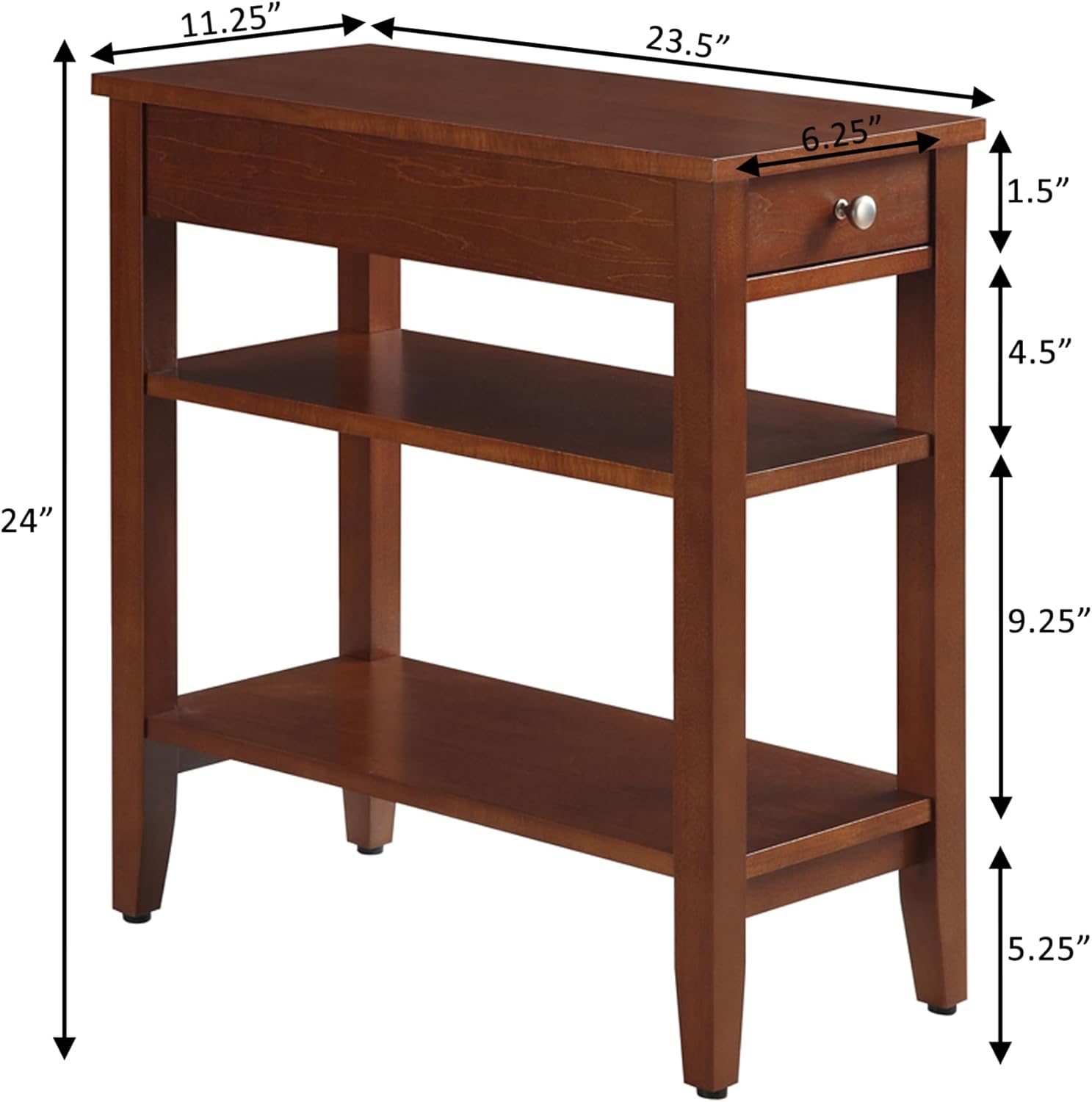 Diagram showing the dimensions of the end table with labels for length, width, and height.