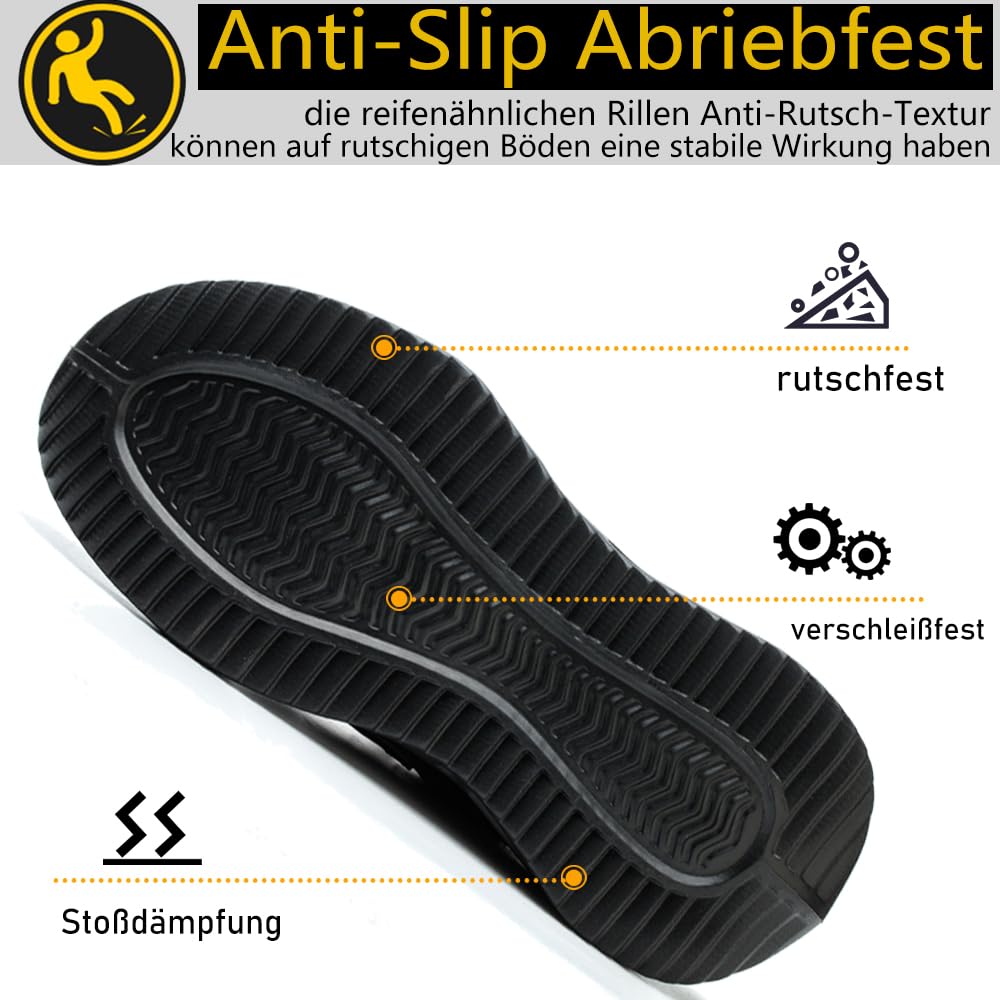 Sicherheitsschuhe Herren Leicht Sportlich Arbeitsschuhe Damen rutschfeste Stahlkappenschuhe Atmungsaktiv Arbeitsturnschuhe mit Stahlkappe, Schwarz, EU 44