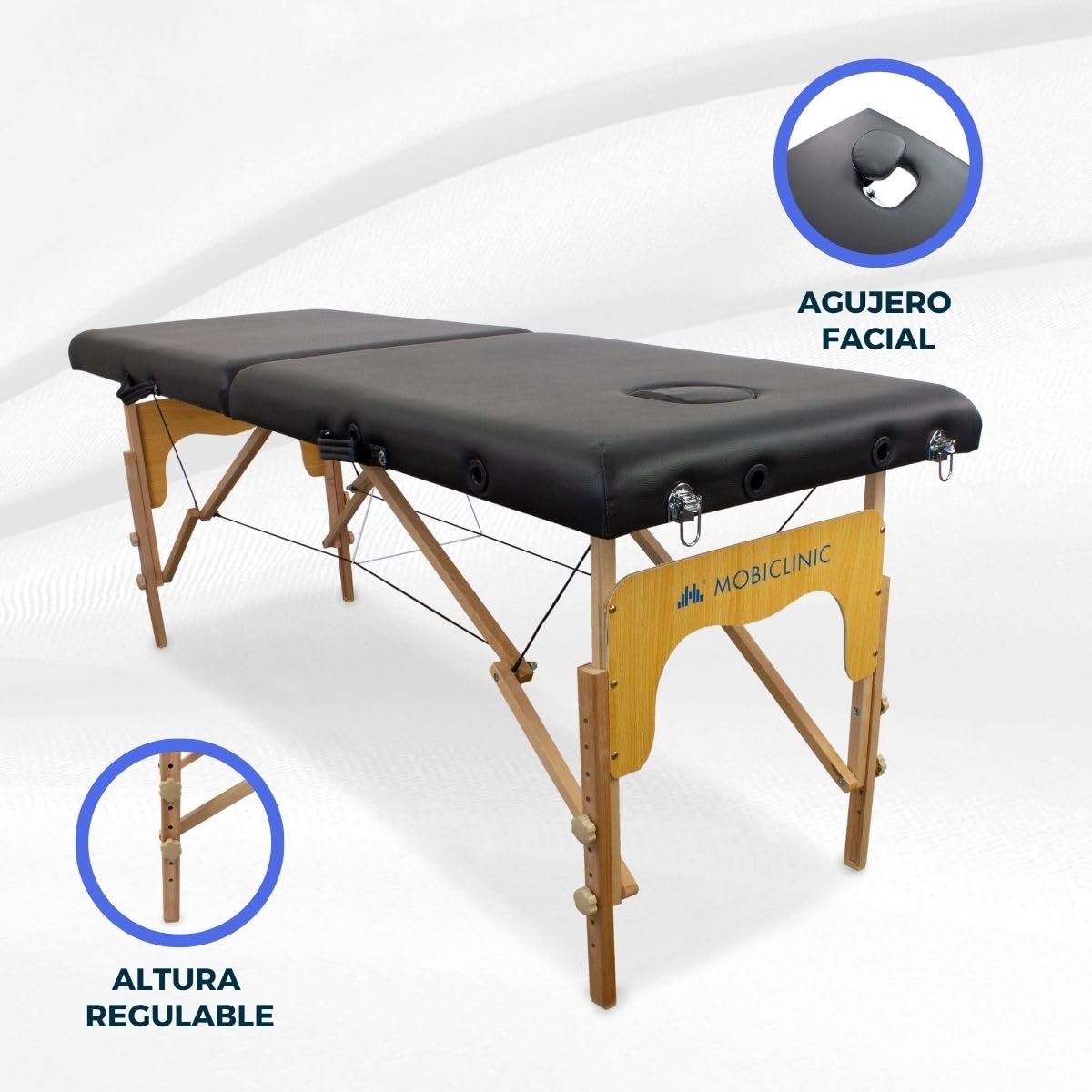 Mobiclinic®, Camilla de Masaje Plegable, CM-01 Basic, Mesa, Profesional, Portátil, Madera, 2 Cuerpos, Marca Española, Regulable, 180x60 cm, Negra