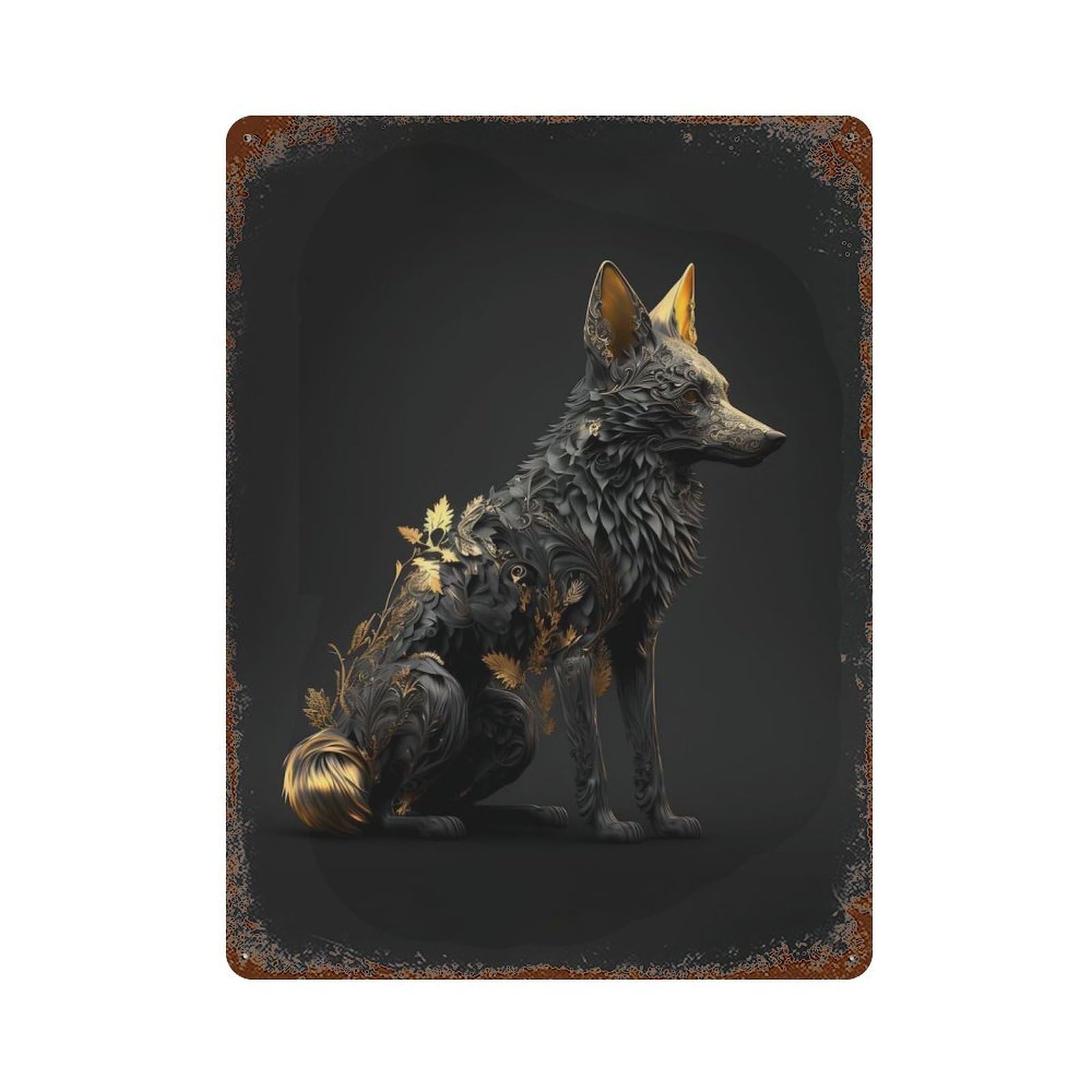 Black And Gold Fox Rustic Tin Plaque 15.7"x11.8", for Pub, Kitchen And Man Cave Decor, Vintage Wall Decor