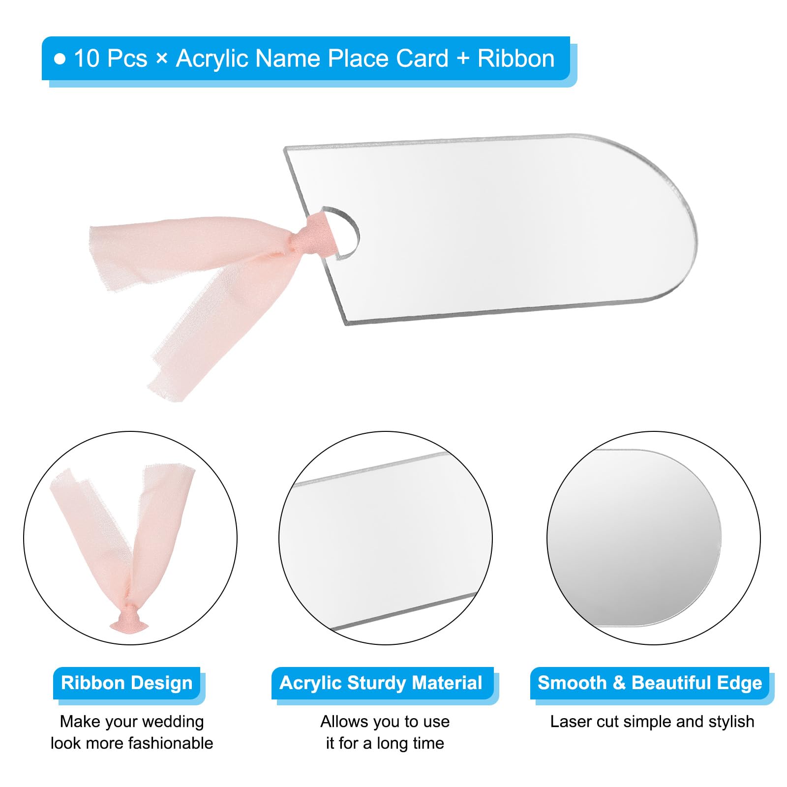 PATIKIL Place Cards for Table Setting 3.5" x 1.8", 10 Pcs Acrylic Name Cards with Ribbon for Wedding Banquets Events Table Setting Reserved Signs Party Supplies, Style A Silver - Image 3