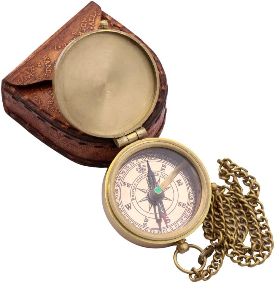 Brújula de latón portátil con estuche de cuero vintage miniatura 3