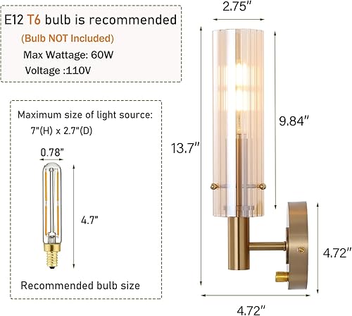 Miniatura 4 de Apliques de pared modernos con pantallas de vidrio ámbar a rayas, latón cepillado dorado, lámparas de tocador de baño, interruptor de