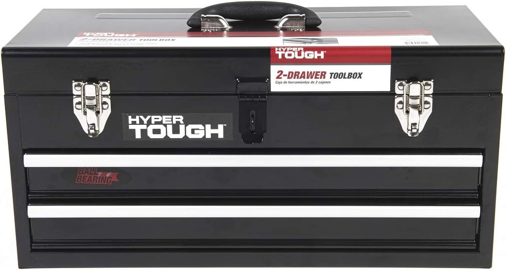 Hyper Tough 2-Drawer Metal Hand Tool Box, front view with packaging
