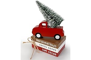 Tiered Homey Christmas Decor: Rustic Wooden Books & Vintage Red Pick-up Truck...