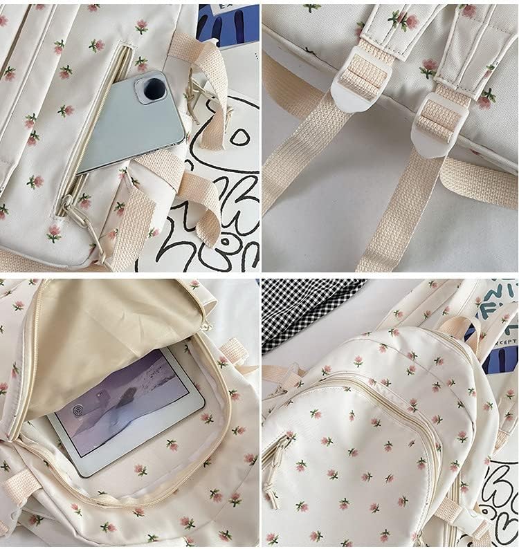 Miniatura 6 de Mochila floral con colgante de peluche Kawaii para cachorros, accesorios lindos múltiples bolsillos estéticos para la escuela, mochila para