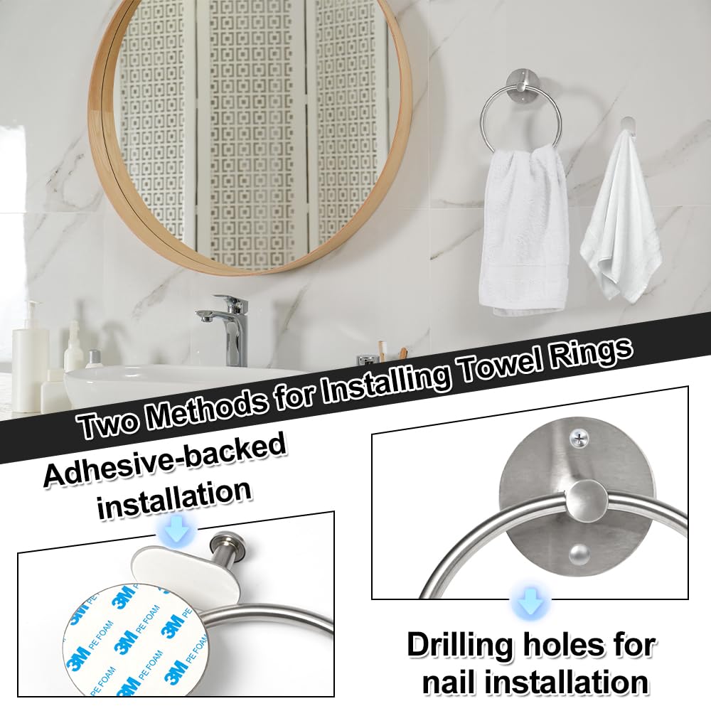 2 Anillos de Toalla Autoadhesivos mit 2 Colgador Toalla para Cuarto de Baño Cocina, Sin Taladrar Anillos de Toalla de Acero Inoxidable, Resistente al óxido y la Humedad, Plateado