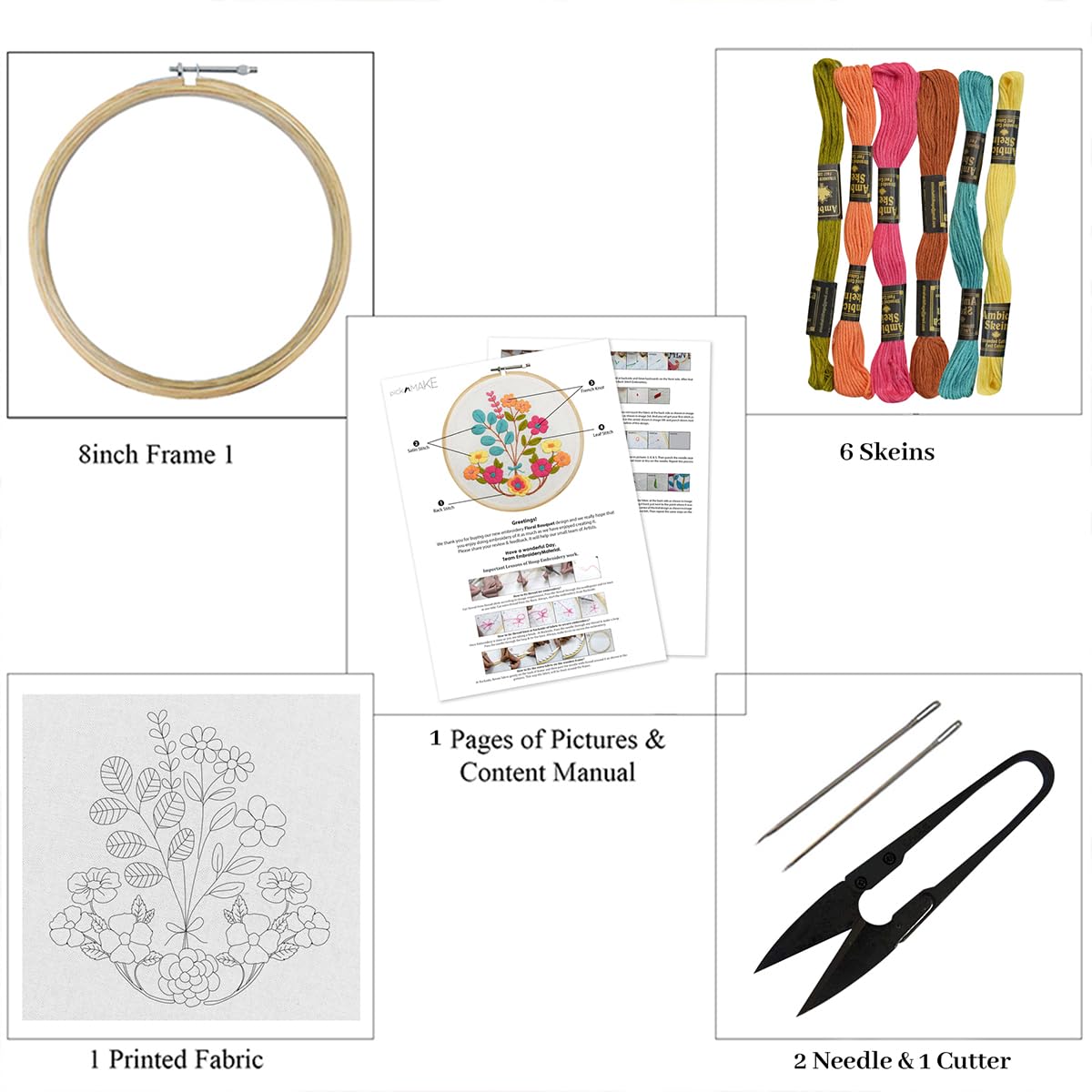 Samyuktha Kit de bordado a mano de punto de cruz para principiantes, adultos, niños con patrón y tela, diseño de ramo floral multicolor, instrucciones escritas, aro de bordado y todos los demás