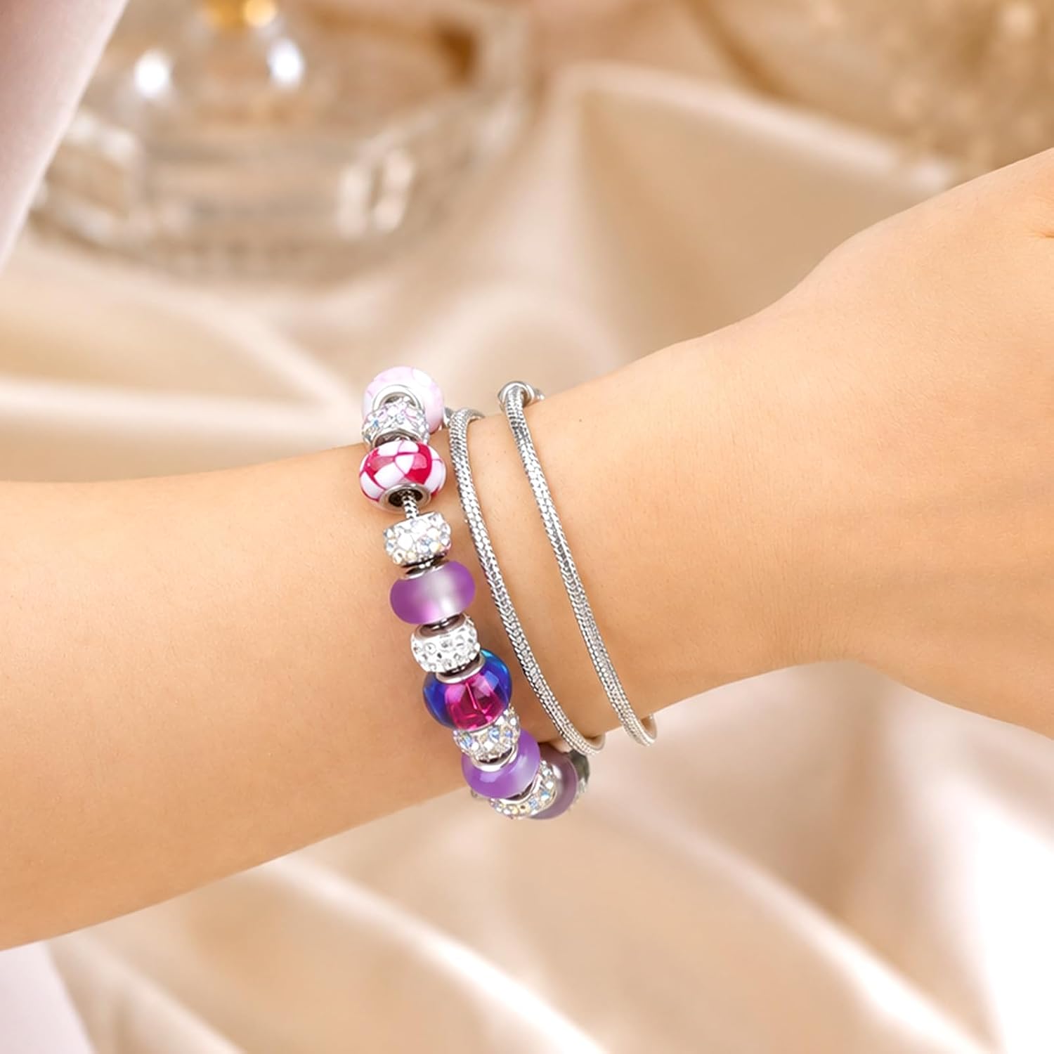 30 Pcs 6.3 Inch Snake Chain Charm Bracelet, Adjustable Snake Charm Bracelet Chain with Heart Lobster Clasp Extender Chains, Silver Charms Bracelets Kit with Bracelets Helper for Women Jewelry Making