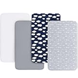 4-Pack Fitted Mini Crib Sheets for Boys and Girls - Breathable, Soft Microfiber Baby Sheets in Grey, Navy and White