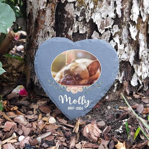 TULLUN Individueller Personalisiert Herzform Tiergrabstein Schiefer Natürlich Gedenkstein für Hund, Katze und andere Haustiere Tiere - Größe | 10 x 10 cm | - Blumenrahmen-Foto