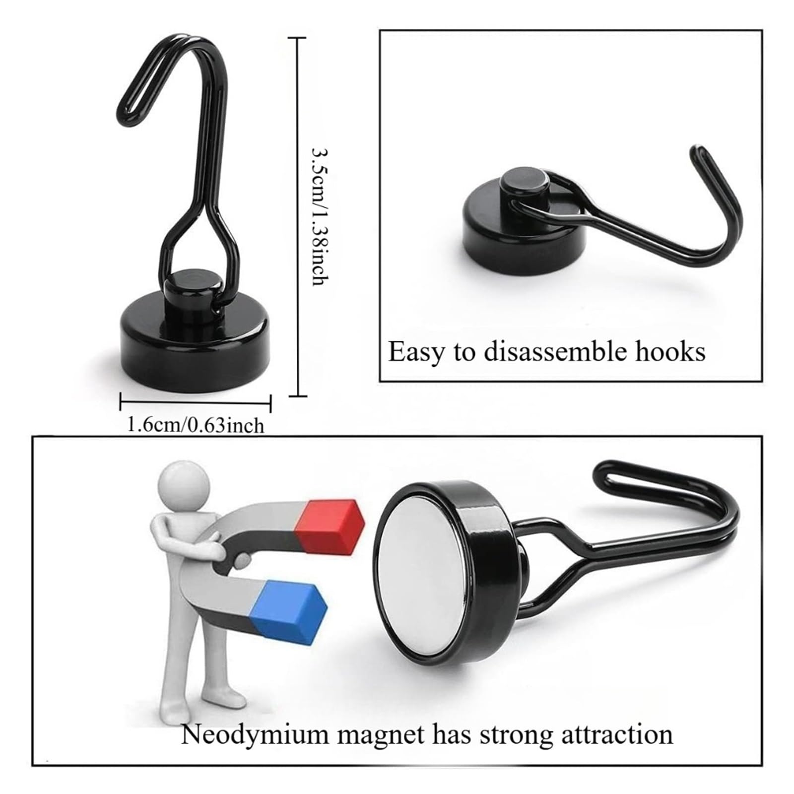 Genérico 20 ganchos magnéticos negros Cruis de alta resistencia neodimio tierras raras, imanes extra fuertes con gancho, compatibles for colgar, R(20pcs-silvery)