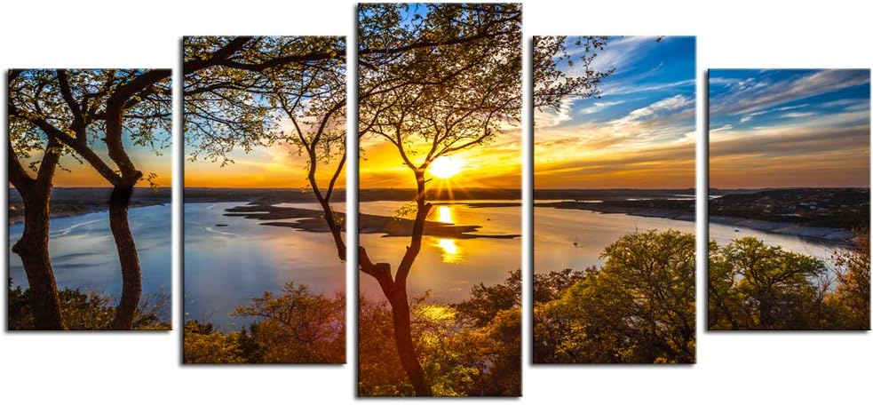 Nachic Wall- 5 Piece Canvas Wall Art Sunset on Lake Travis Texas Picture Photo on Canvas Nature Landscape Art for Home Living Room Decor Ready to Hang