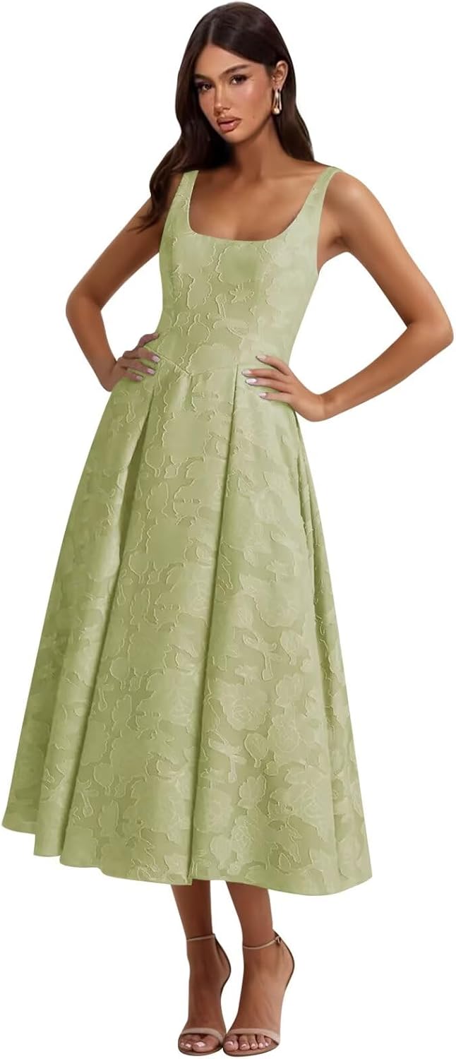 Smileven Floral Jacquard Satin Bridesmaid Dresses for Women Tea Length A Line Formal Wedding Guest Gowns