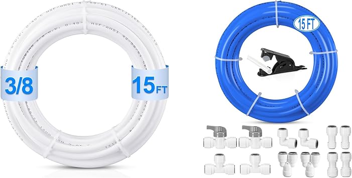 15FT 3/8 In O.D.RO Water Tubing + 3/8" O.D.RO Water Tubing with 12Pcs 3/8" Quick Connect Fittings for RO Reverse Osmosis Water Purifier Filter System