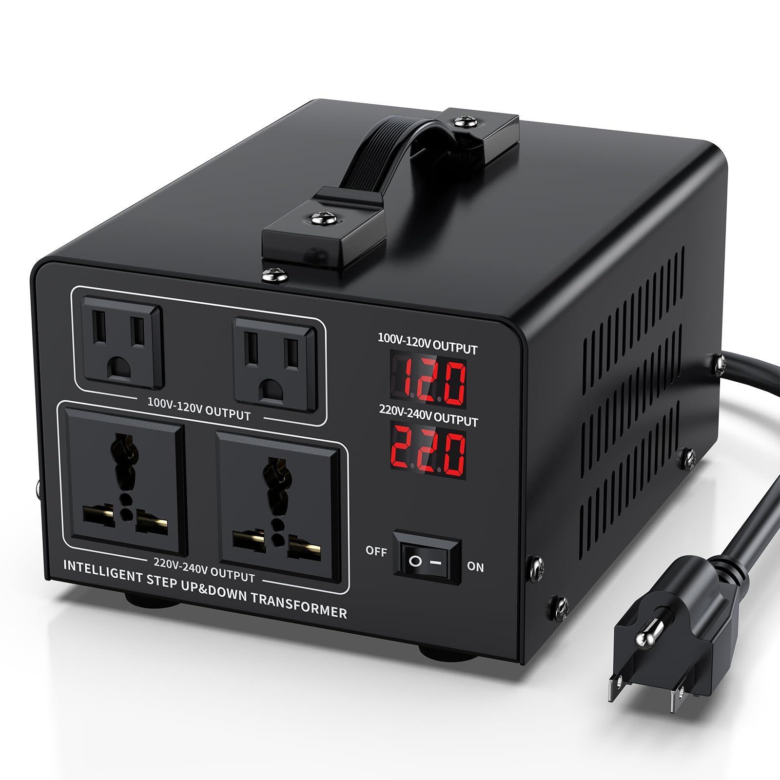 Convertidor de voltaje de 1000 W, transformador de 110 V/120 V a 220 V/240 V o reductor de 220 V a 110 V CA, protección de disyuntor, 2 enchufes de EE. UU., 2 enchufes universales, pantalla LCD