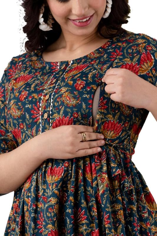 Women's Pure Cotton Printed Both Side Invisible Vertical Zipper Feeding Dress | All Over Print Maternity Gown Kurta-image-9