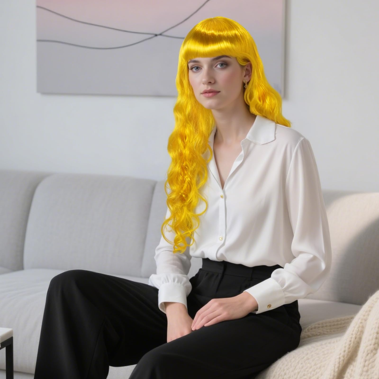 BEKIDER (+Hair Cap) Long Wavy Yellow Wig with Bangs Womens Yellow Curly Wig Cosplay Synthetic Wigs for Halloween Cosplay Fancy Dress Wigs Daily Party Outfit - Image 2