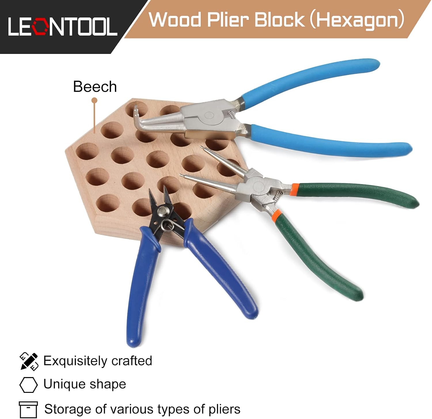 Wooden Pliers Organizer - Hexagon Pliers Rack with 19 Holes - Beech Wood - Brown - 5 x 5 x 0.88 inches - Indoor Use - Tabletop Mounting - No Assembly Required
