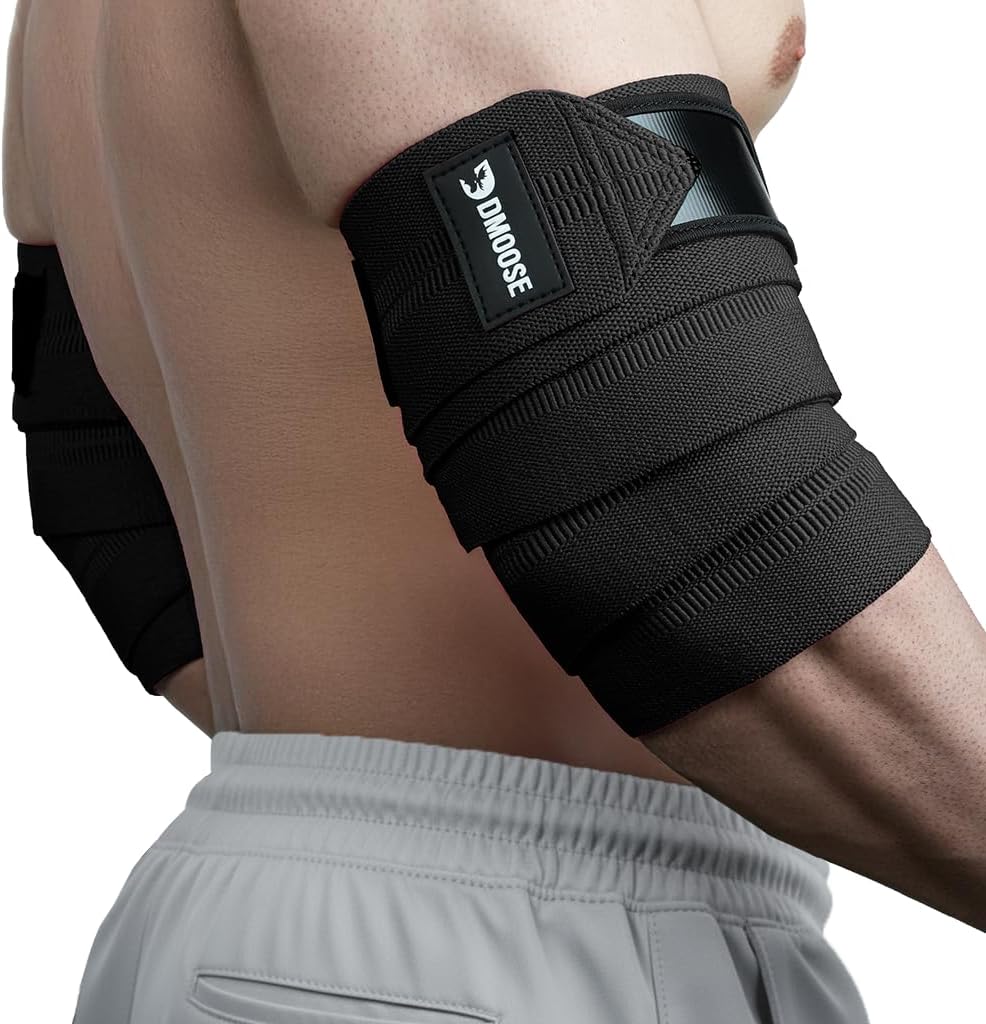 DMoose Fitness Elbow Wraps for Weightlifting, Bench Press, Cross Training & Powerlifting Men and Women - 40'' Nylon (1 Pair) Straps Increases Stability of Joints Supports Injury Recovery, Black.
