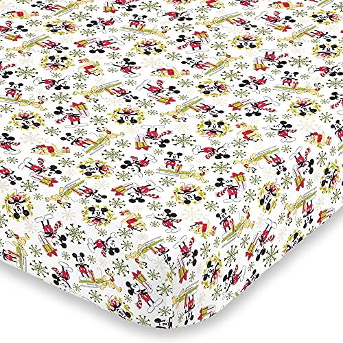 Image of Disney Mickey Mouse Red, Black, and Green, Pluto and Snowflakes Super Soft Holiday Fitted Crib Sheet