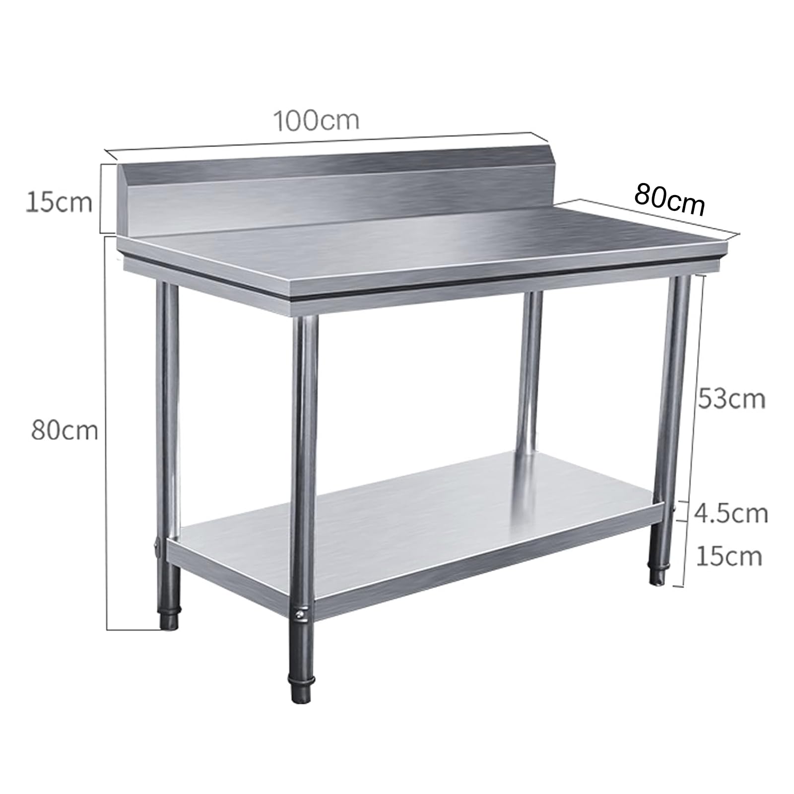 Tavolo da Lavoro in Acciaio Inossidabile con Alzatina, Tavolo da Cucina Commerciale con Ripiano, Postazione di Lavoro Resistente per Cucina, Ristorante, Hotel, Garage,100x80x80cm