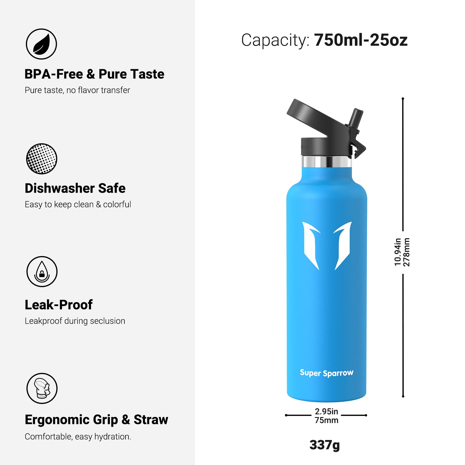 Super Sparrow Borraccia Termica, Acciaio Inox Bottiglia Termica - 350ml, 500ml, 750ml, 1L - Senza BPA Borracce, Borraccia Bambini per Scuola, Sport, Campeggio, Yoga, Palestra, Ciclismo