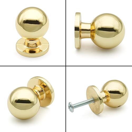 Miniatura 3 de FURFITT Paquete de 10 pomos de bola de latón pulido de 1 pulgada de diámetro, oro brillante, aleación de zinc, pomos para cajones, armarios, cocina,
