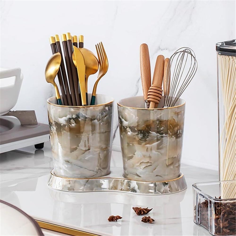 Kitchen Utensil Holder Utensil Holder with 2 Compartments, Ceramic Utensil Holders for Kitchen Counter Cooking Utensil Holder(Green)