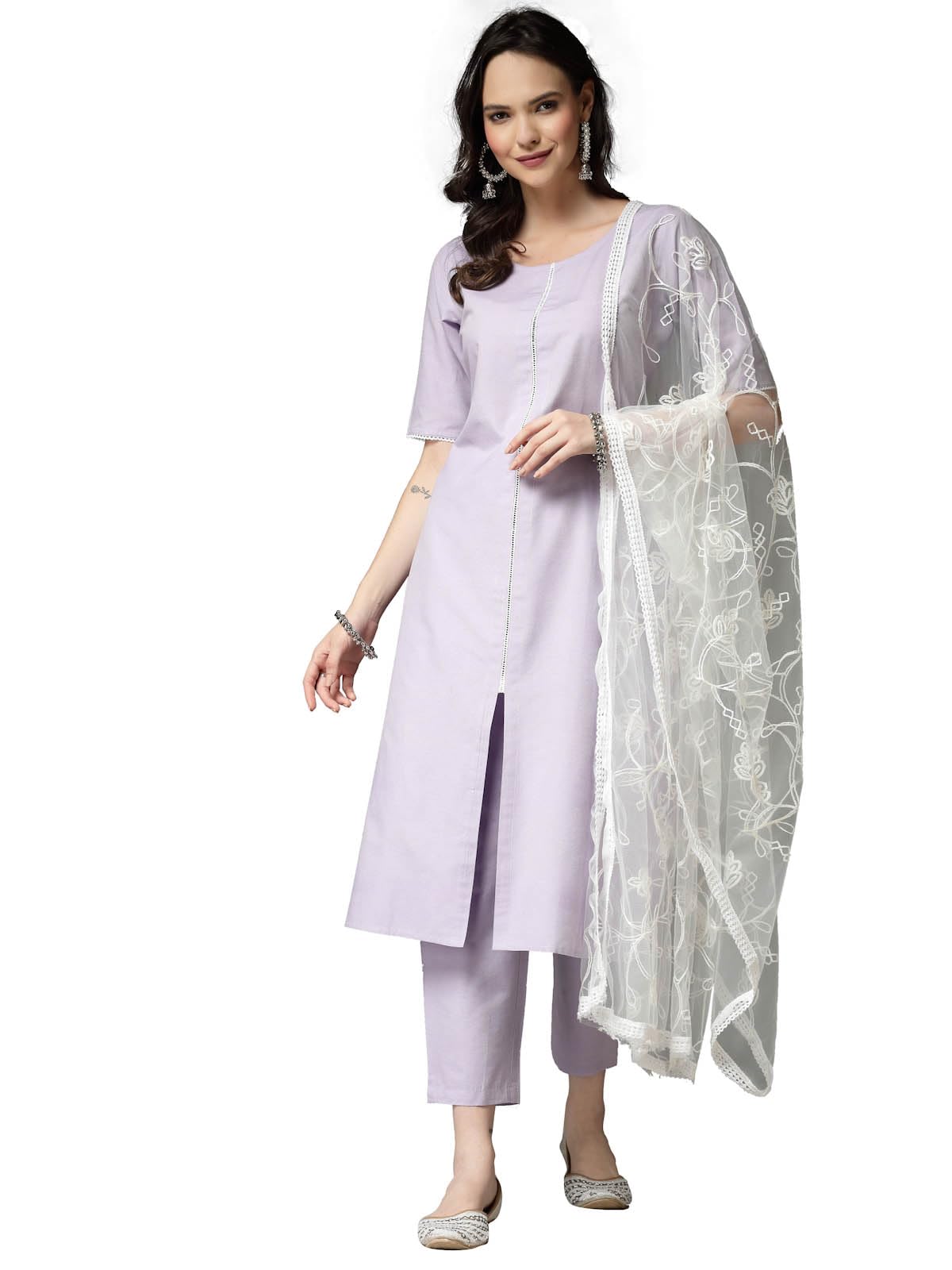 Stylum Women's Solid Cotton Blend Straight Kurta Pant Dupatta Set (Kpdxlavendernuv34_Lavender, Xs)