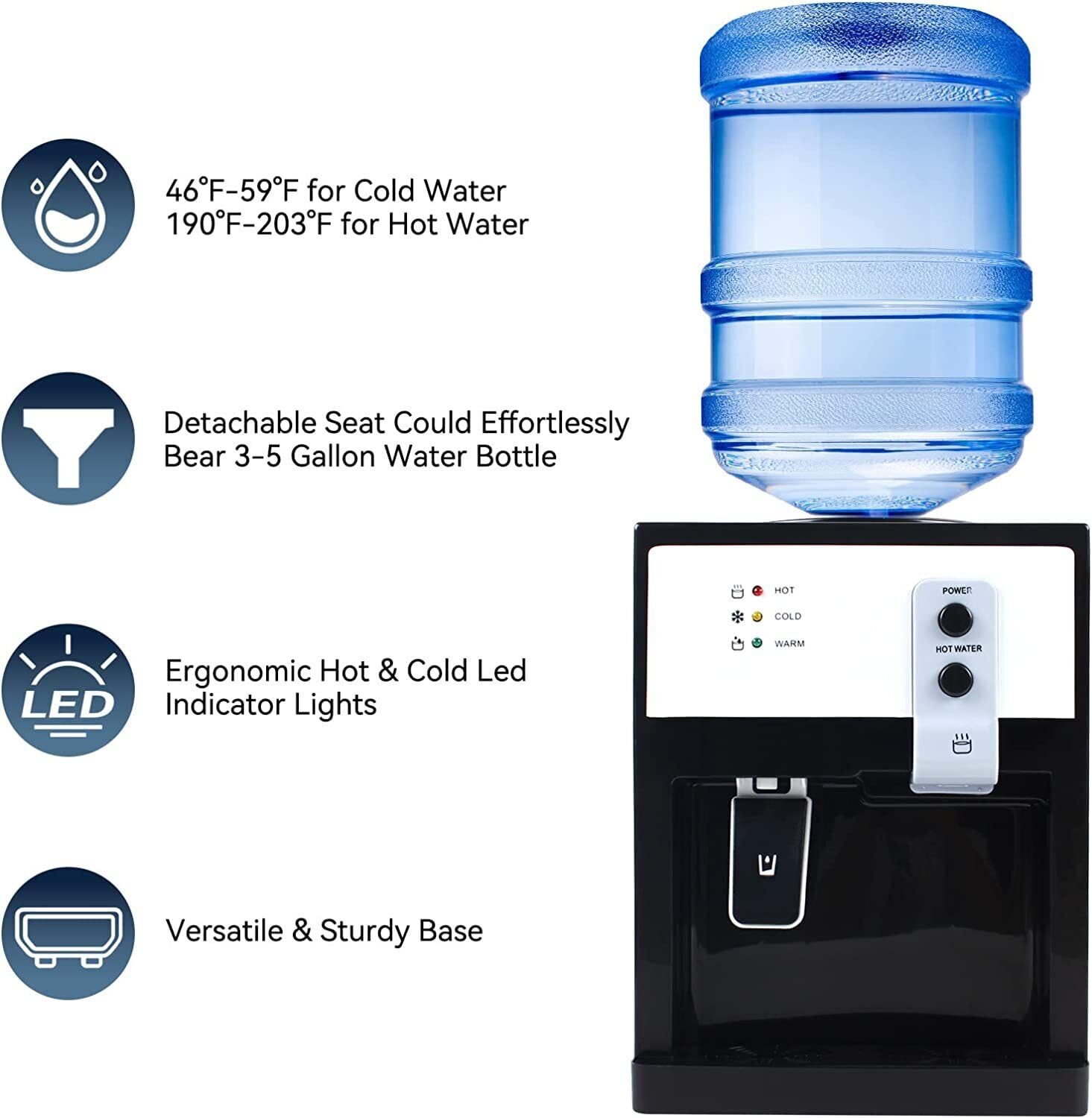 Electric Hot and Cold Water Dispenser for Home Office Use, 110V Countertop 5 Gallon Water Dispenser Automatic Temperature Control Fast Heating Energy Saving (European White)