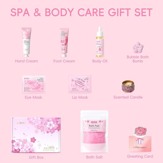 LAIKOU Sakura Pamper Sets for Teenage Girls, Bath & Body Self Care 9Pcs