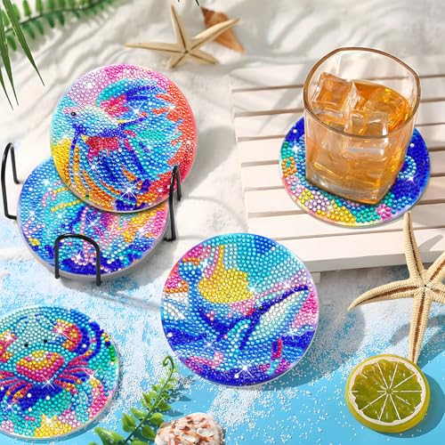 Image of ZTOTZ 8 Pcs Ocean Diamond Painting Coasters Kits with Holder,Sea Creature Diamond Art Painting Coaster Kit, Non Slip Coaster Art Supplies for Adults Beginner, Ideal Christmas Gift (Sharks,Jellyfish)