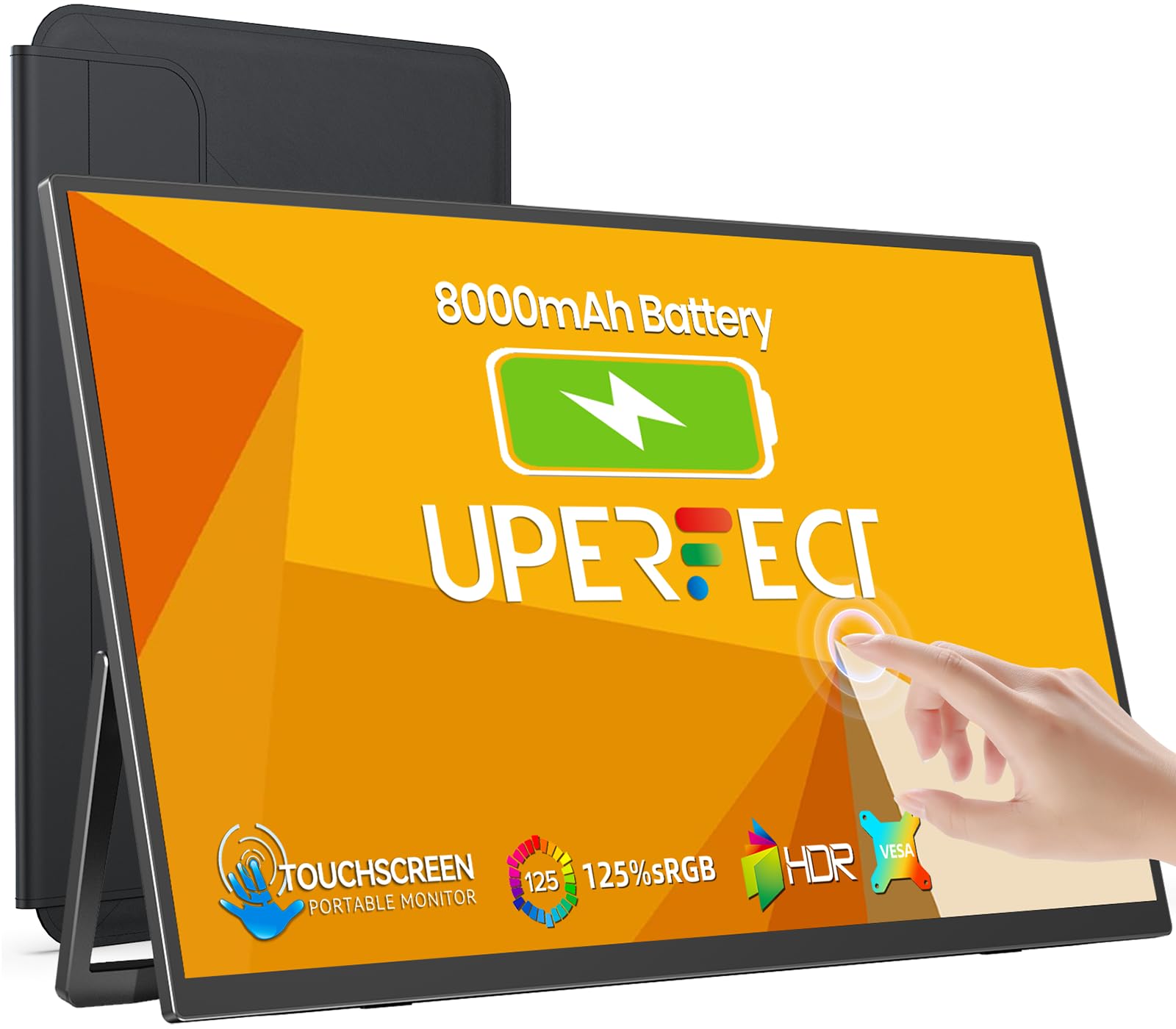 UPERFECT Monitor Portátil Táctil con 8000mAh Batería, 15.6 Pulgadas Pantalla Móvil con Full HD 1080P IPS Mate Eye-Care Display USB C Mini HDMI USB C para Laptop/PC/Teléfono/Game Console, Soporte VESA