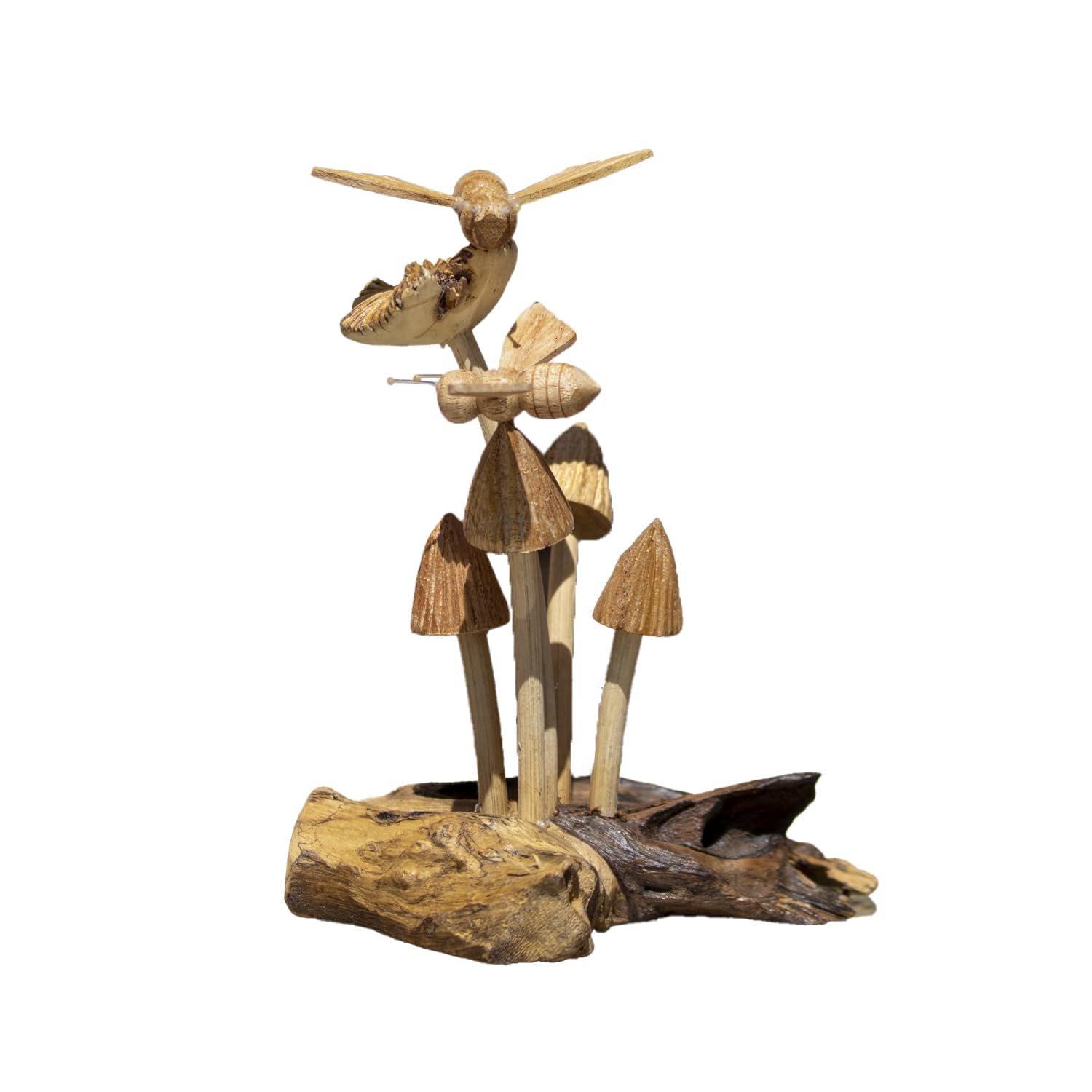 Darthome Brown Mini Teak Root Bees On Mushrooms Sculpture 12X16x9cm Wood Rustic Toadstool Natural Statue