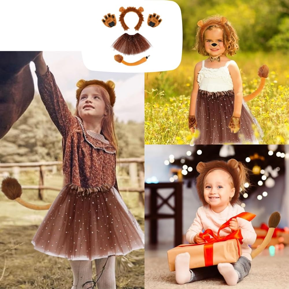Set di costumi da leone: kit da 4 pezzi con orecchie da leone, guanti, coda e gonna tutù, perfetto per bambini e adulti, cosplay, Halloween, compleanno, carnevale, spettacoli teatrali
