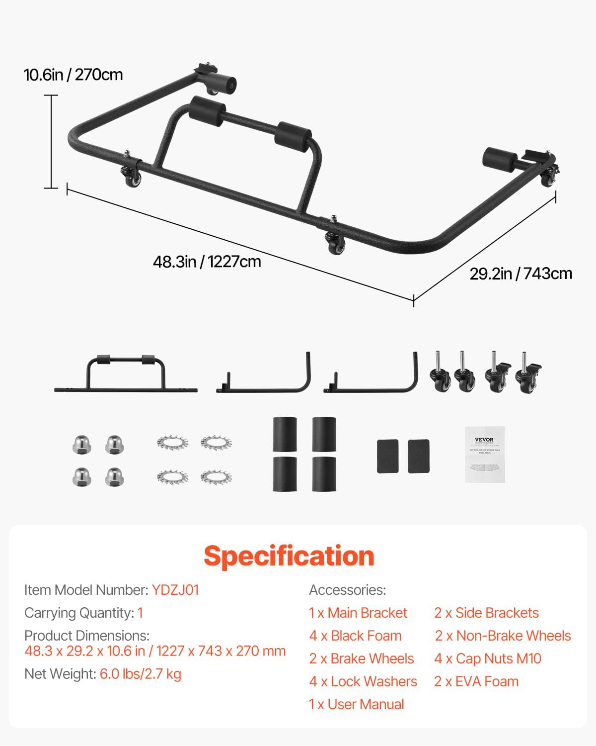 VEVOR Hardtop Storage Cart, Moveable Sturdy Hard Top Cart, with 3-Adjustable Holes & Thickened Soft Padding, Hardtop Storage Rack with Powder Coating, Fit for Jeep Wrangler TJ, JK