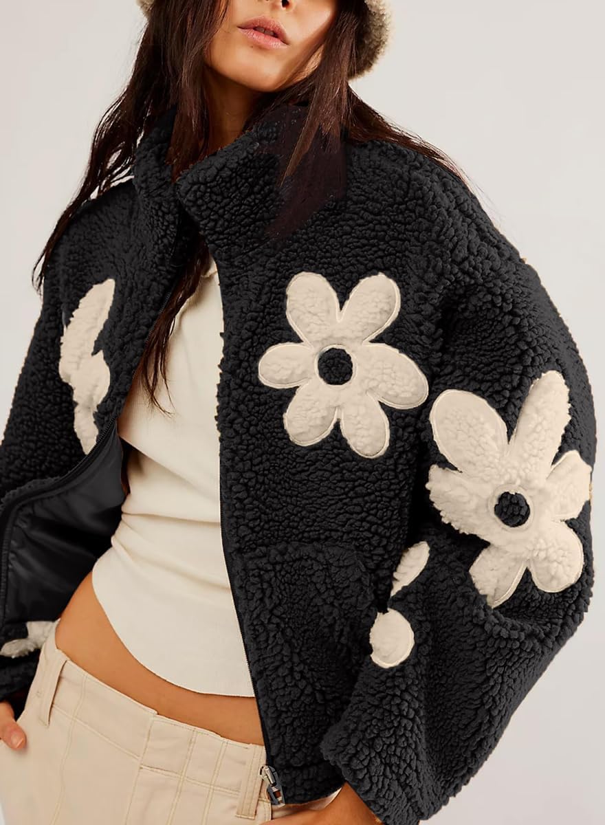 chouyatou Women's Fuzzy Fleece Cute Floral Jacket Zip Up Winter Oversized Faux Fur Coat Sherpa Jacket - Image 2