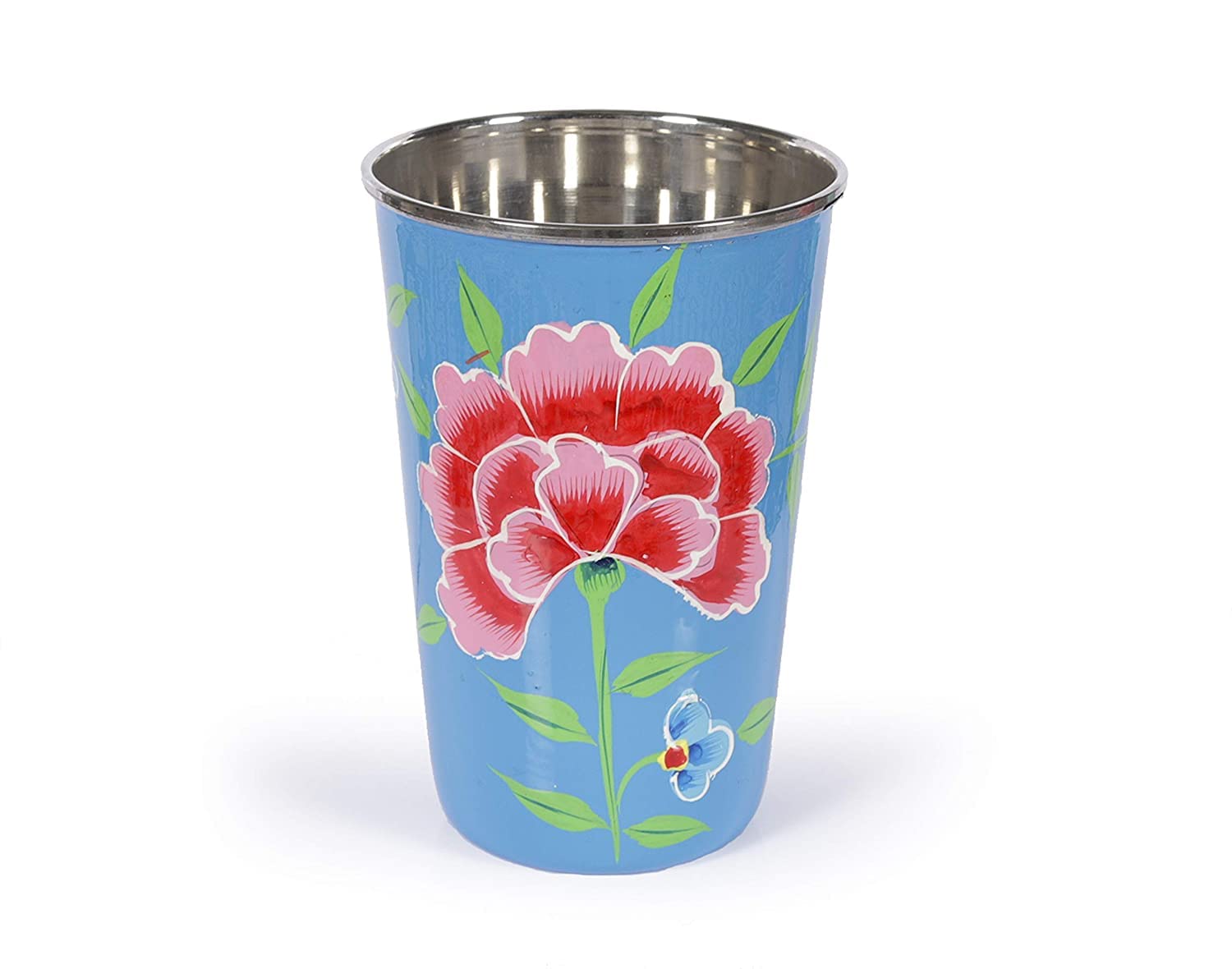 King InternationalStainless Steel Glass, Handpainted Floral Sky Blue Steel Glasses Set of 1,Tumbler, Steel Water Glasses, Beer Glasses, Juice Glasses, Stackable Steel Cup Set, 300 ml