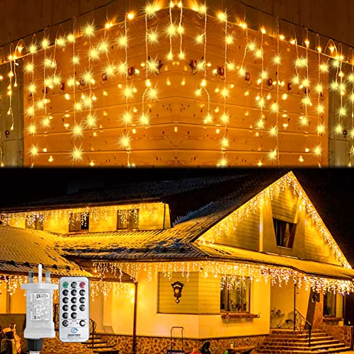 Icicle Lights Outdoor, 660 LED 15M/49ft Xmas Snowing Icicle Light, 120 Drops 8 Modes Waterproof Timer Indoor/Outdoor Icicle Christmas Lights for Roof, Garden, Christmas Decorations (Warm White)